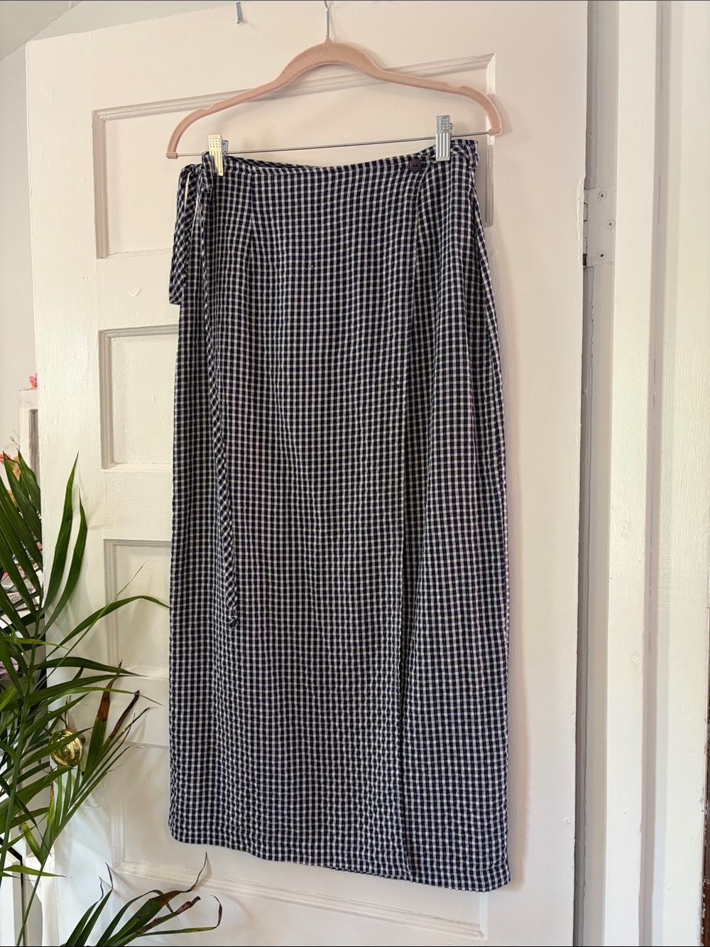 Navy and White Gingham Wrap-Style Maxi Skirt